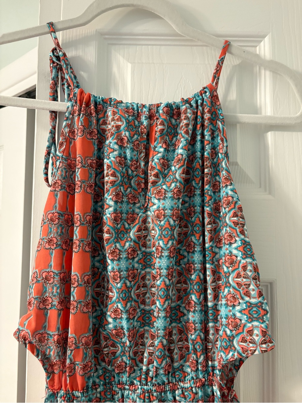 Vacation Dress | Boho Print Spaghetti-Strap Women's Dress in Coral & Teal